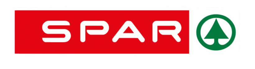 SPAR logo, piros alapon fehér SPAR felirat, jobbra zöld körkeretben egy fenyőfa.